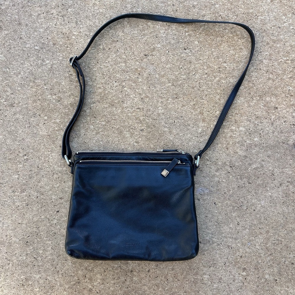 Margot Black Leather Crossbody Shoulder Bag Double Zip Organizer Purse